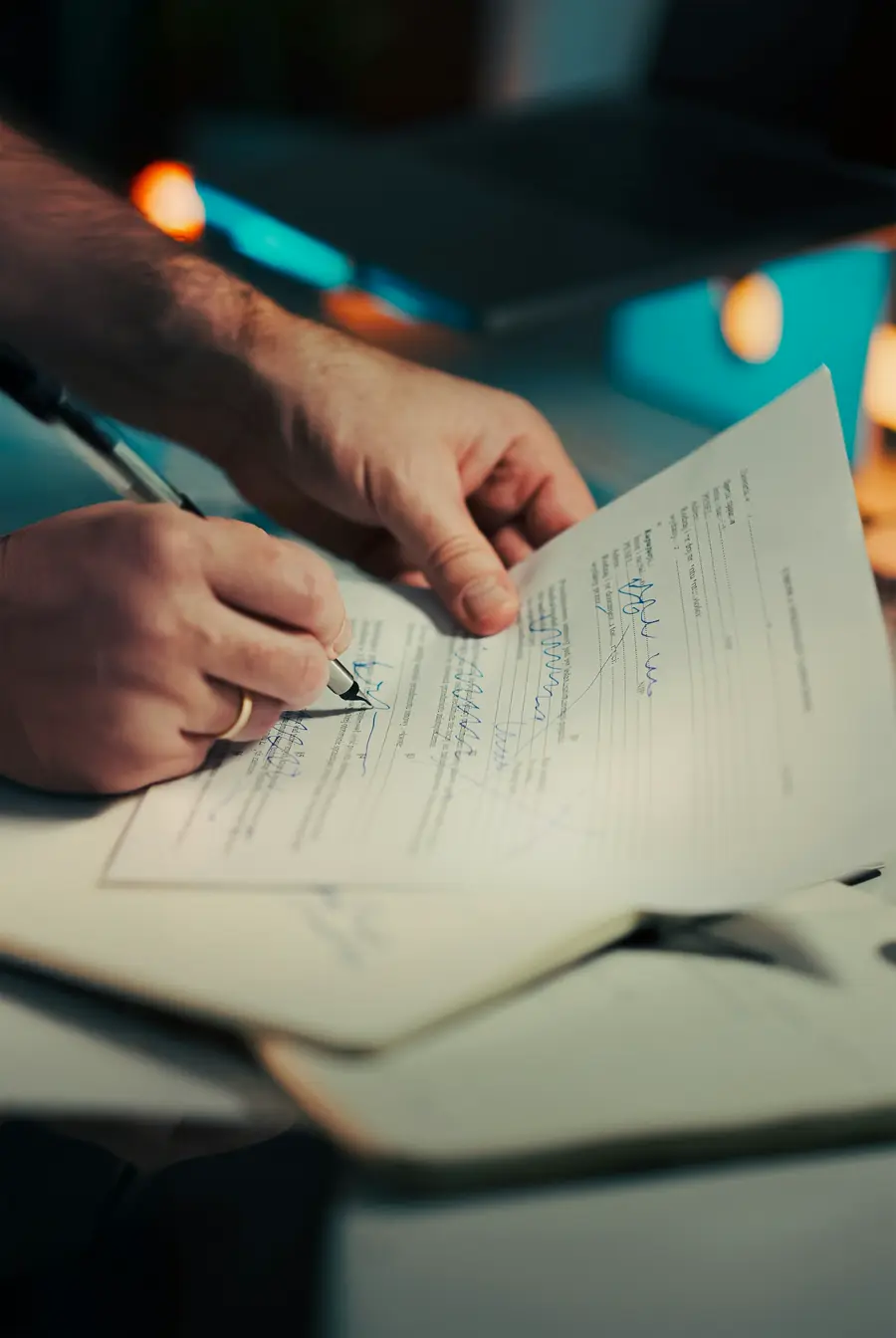 A person signing a printed document with a pen.