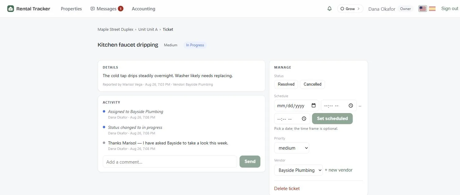 A maintenance request in Rental Tracker, showing its status, assigned vendor, and event history.