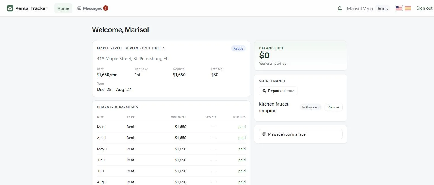 The tenant portal in English, showing the rent balance due and a maintenance request.