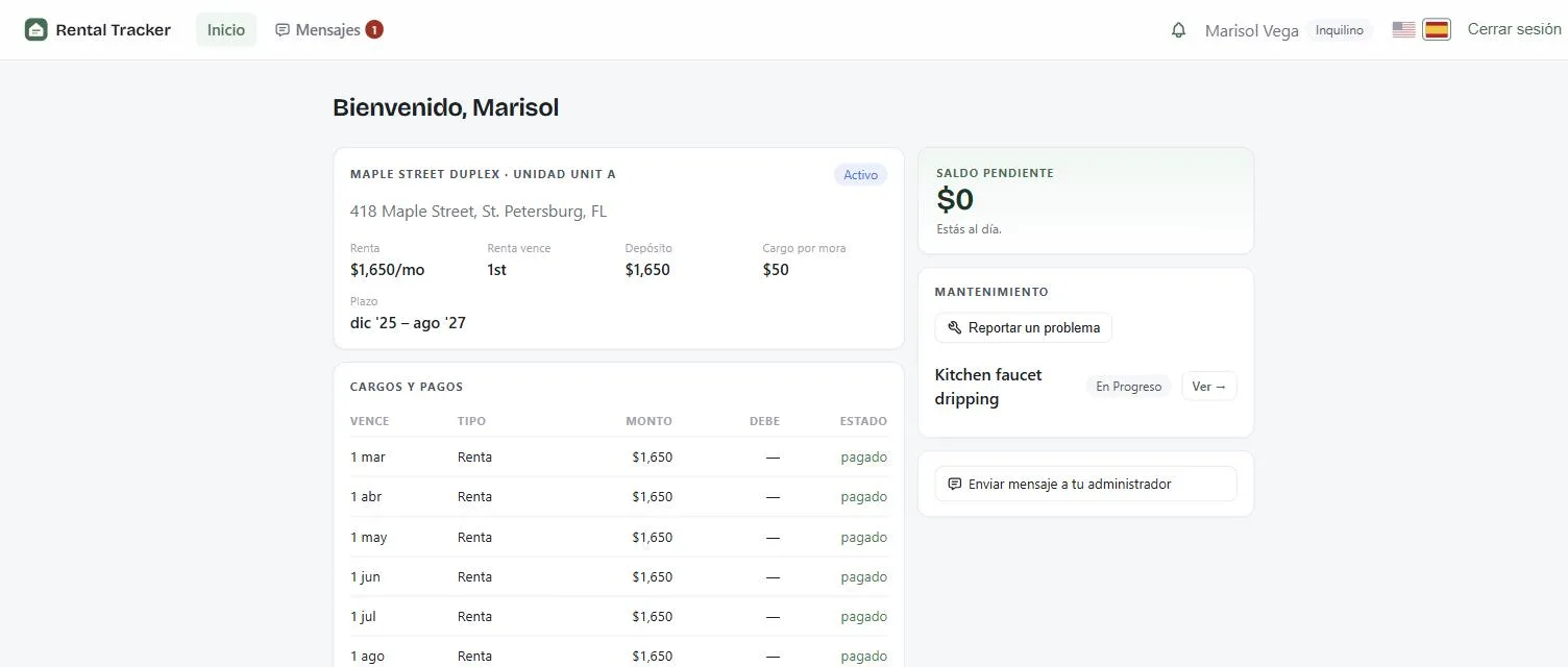 The same tenant portal in Spanish, showing the same rent balance and maintenance request.